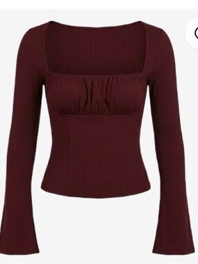 Urban Outfitters Ribbed Square-Neck Long Sleeve Top in Burgundy